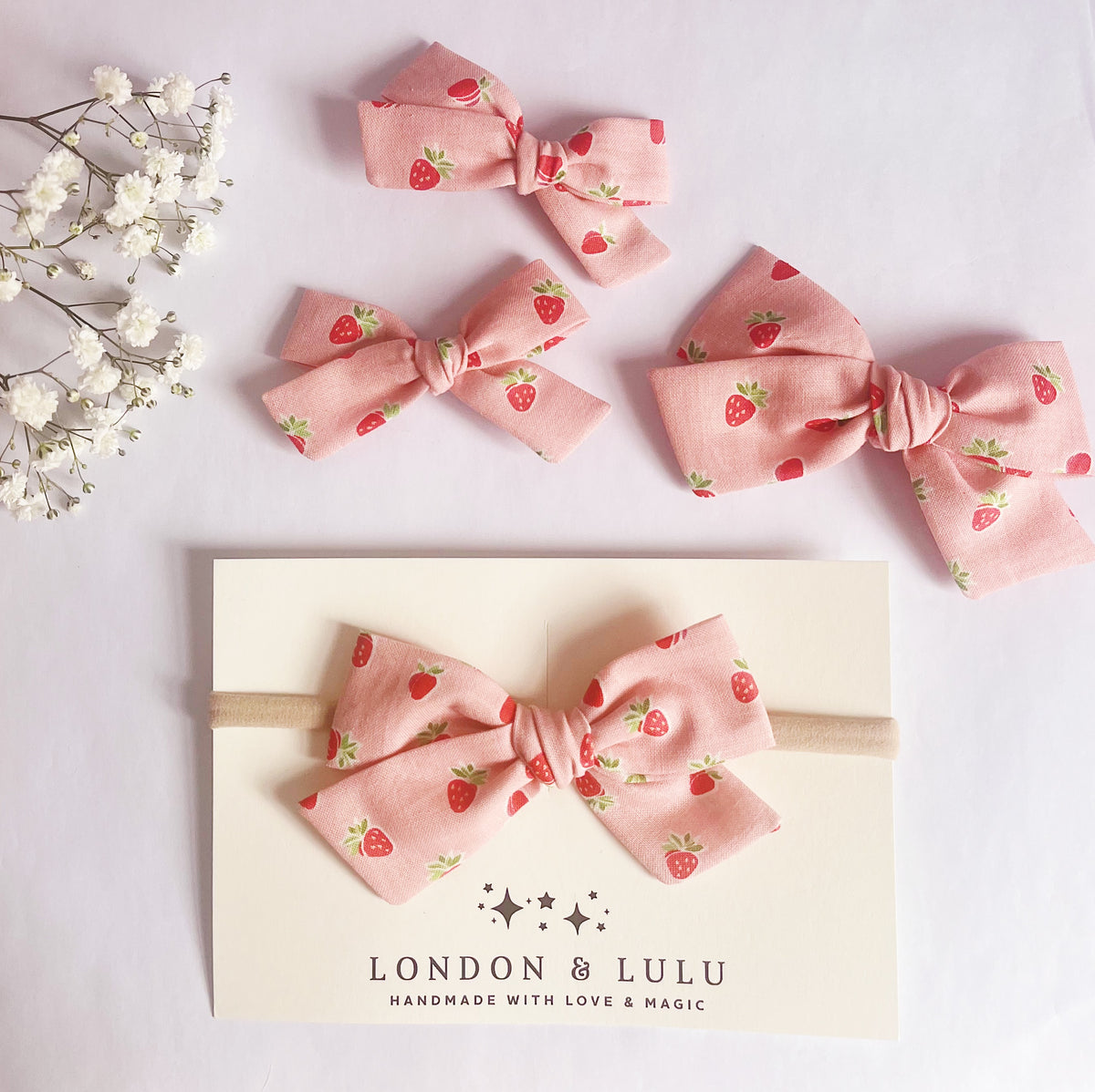 London and Lulu Pink Strawberries Medium Bow Baby Headband