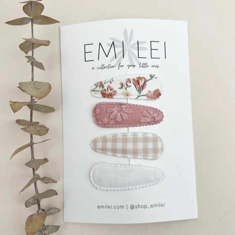 Emi Lei | Barrette Hair Clips || Embroidered Pink + Neutral Gingham