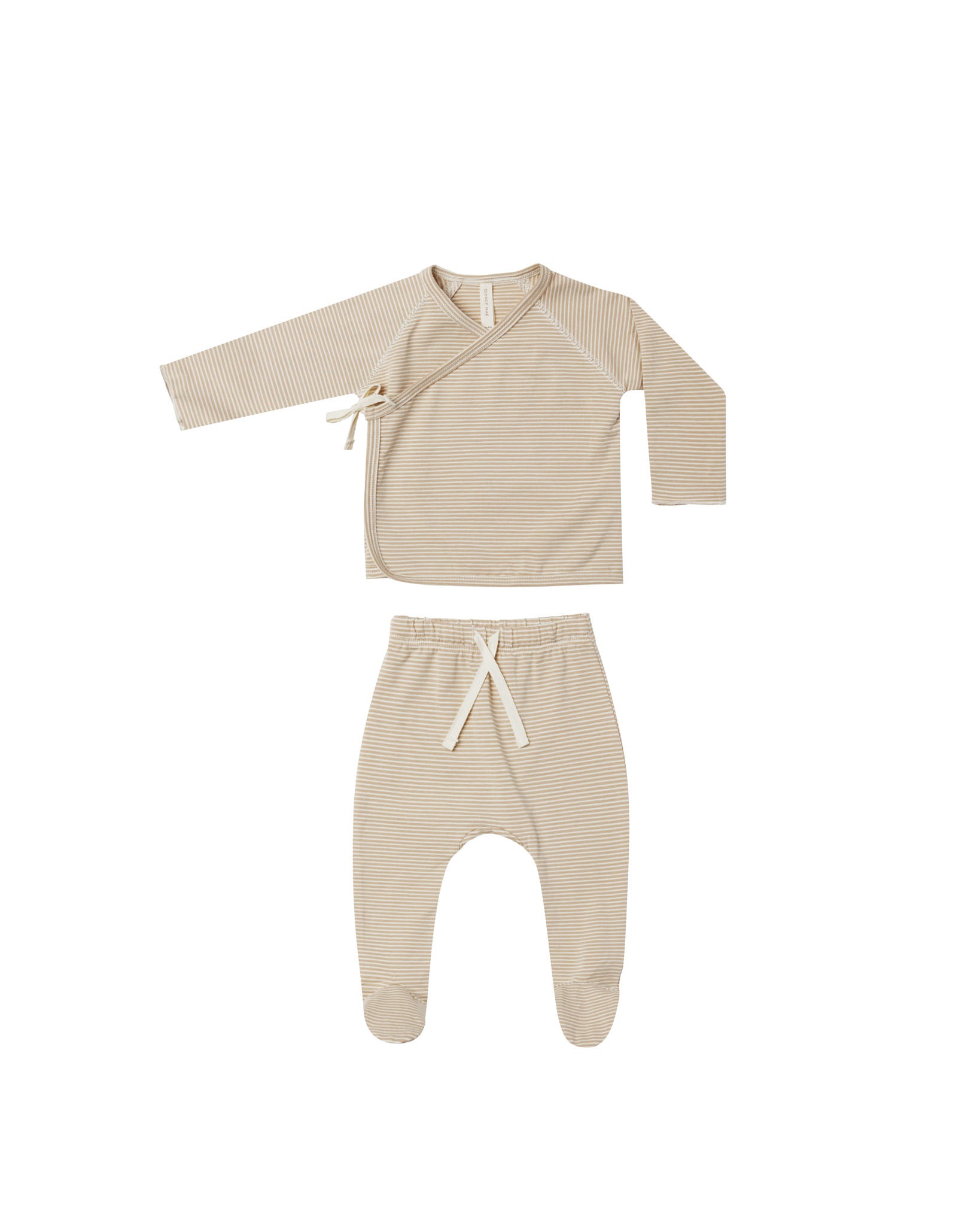 Quincy Mae | Wrap Top + Footed Pant Set || Latte Micro Stripe