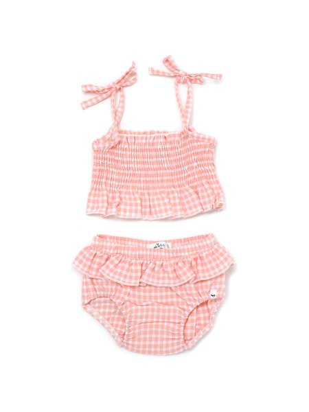 girls pink gingham print ruched two piece set 