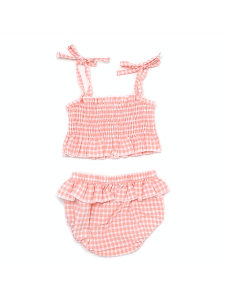 girls pink gingham print ruched two piece set 