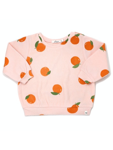 pink crewneck boxy pullover with orange print