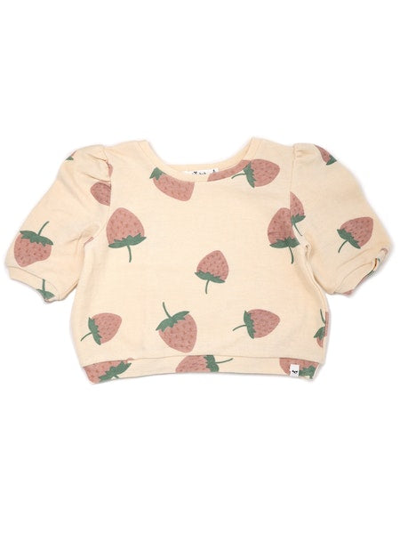 girls puff sleeve terry cloth pullover with strawberry print.