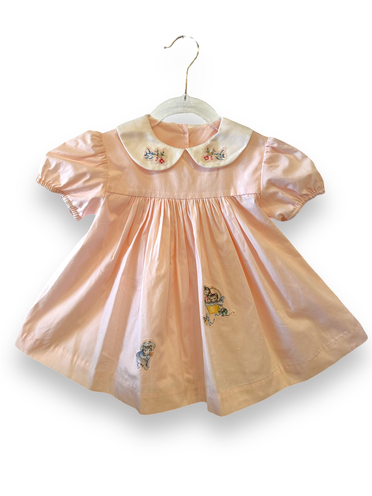 Vintage Valerie Byrnes 1980&#39;s Pink Peter Pan Collar Dress with Kitty Design Appliqué
