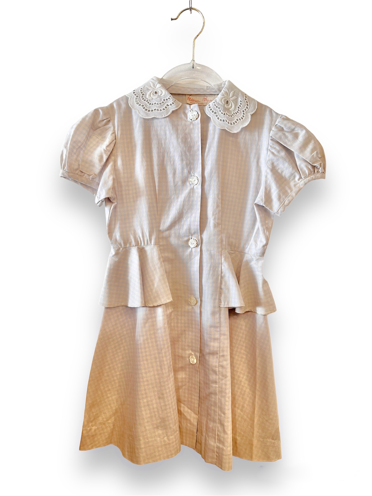 Vintage Valerie Byrnes 1970&#39;s Girls Lilac Gingham Peplum Dress sz 4/5Y