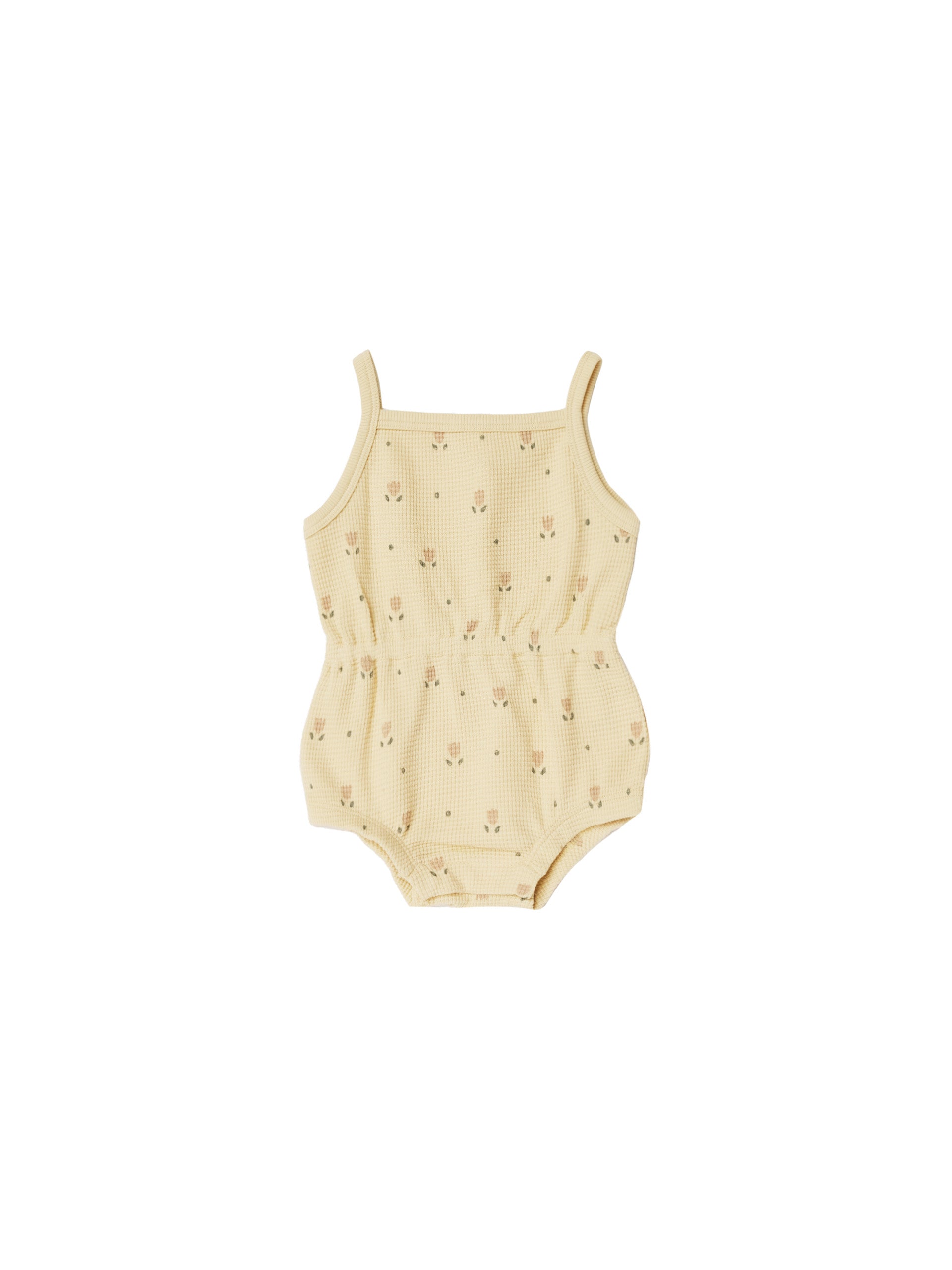 baby girl yellow waffle cinched romper with dutch floral print