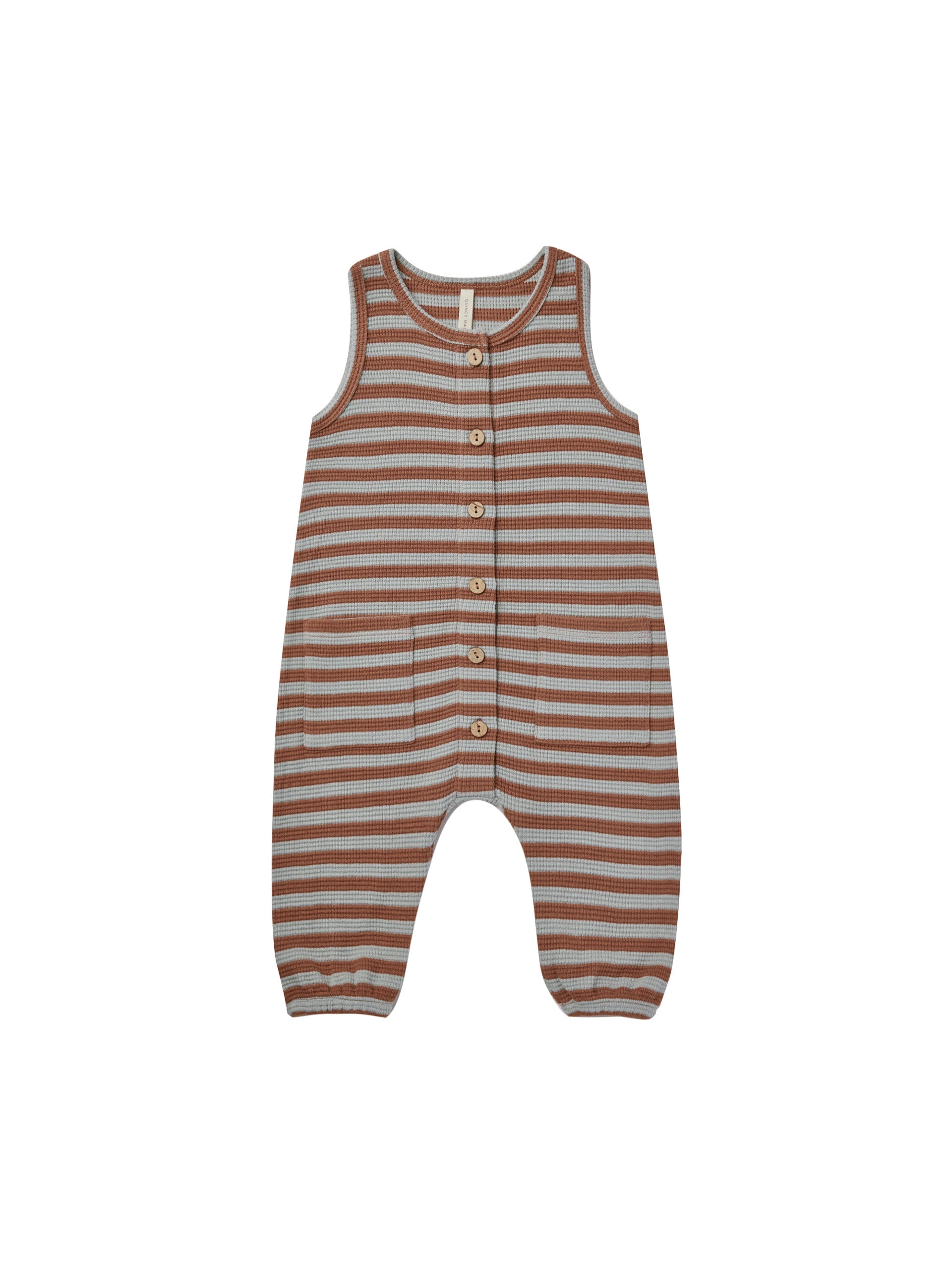 baby waffle jumpsuit in brown and blue striped print