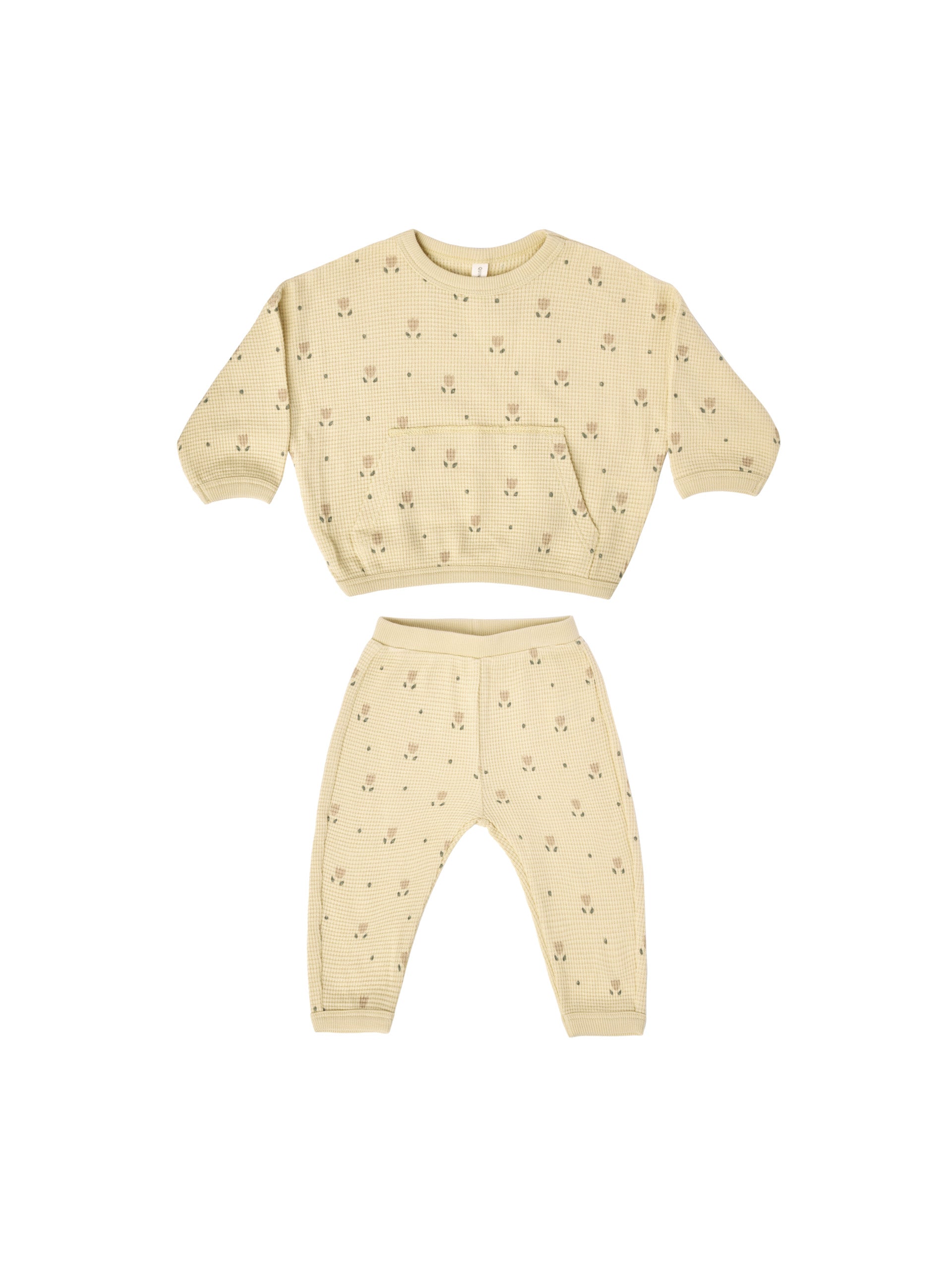 girls yellow waffle sweat set in floral print