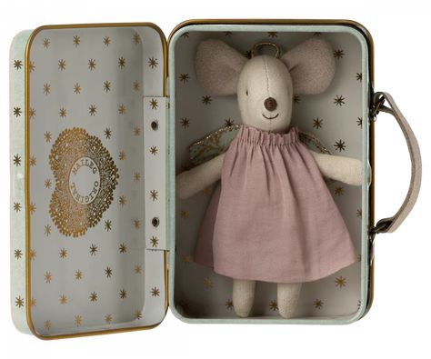 angel mouse doll in suitcase