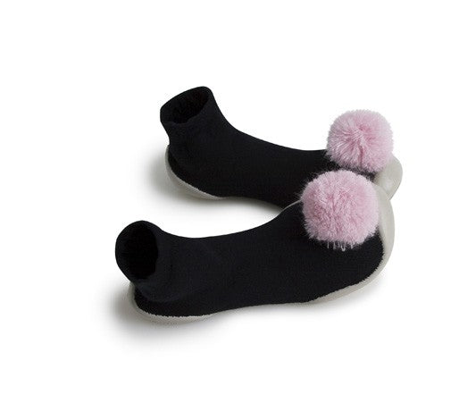 Black with pink pom rubber sole shoes by Collegien | Sweet Threads